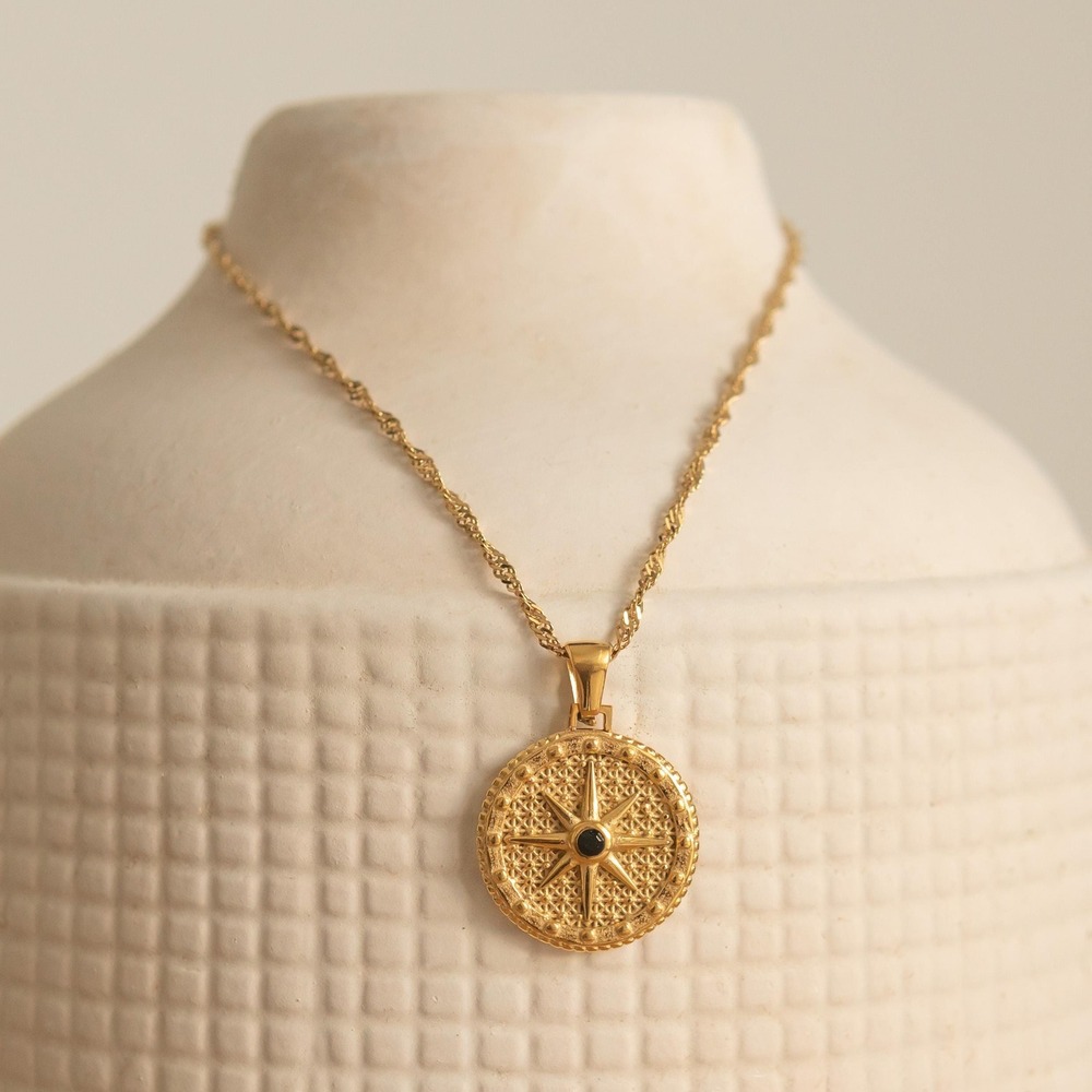 Gold Coin Necklace: 18K Stainless Steel Rope Chain, Boho Vintage Style